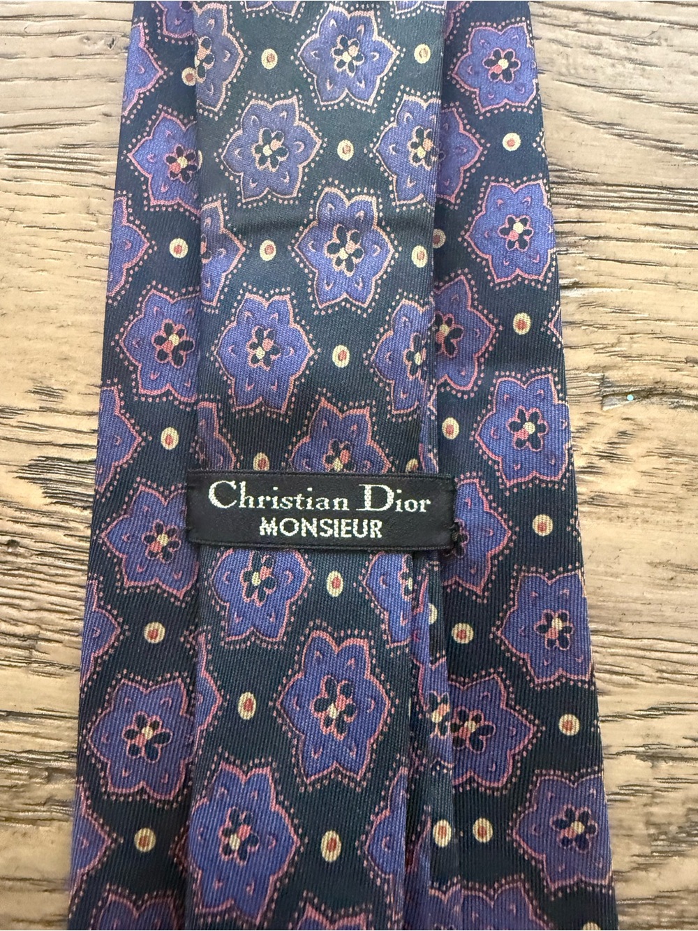 Christian Dior Black Tie with Purple Floral Pattern